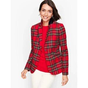 Talbots Blazer Womens Size 4 Plaid Red Navy Blue Shetland Wool Pockets Business